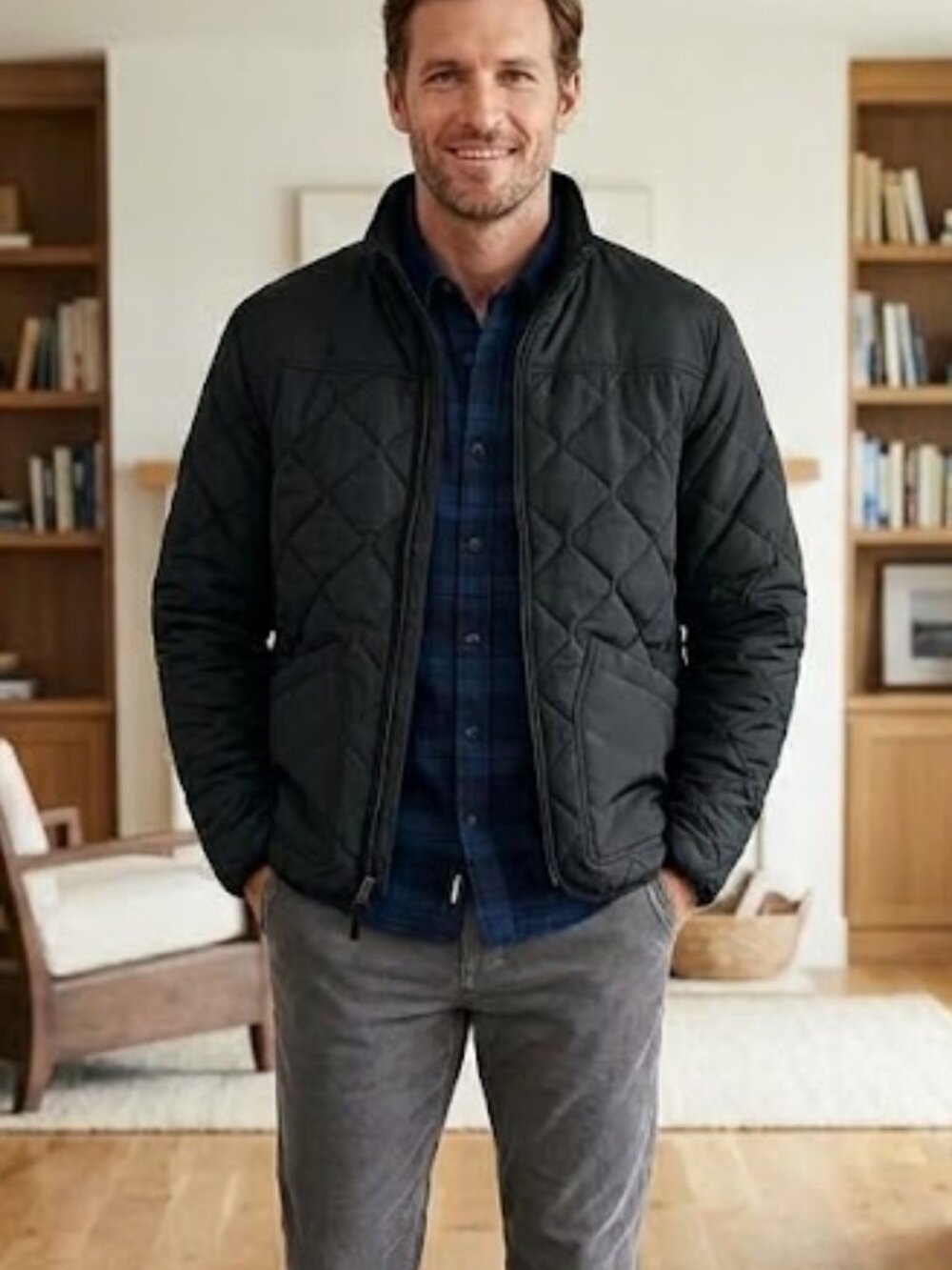 Lands' End PrimaLoft Black Quilted Jacket XL (46-48) Full Zip Mock Neck Pockets